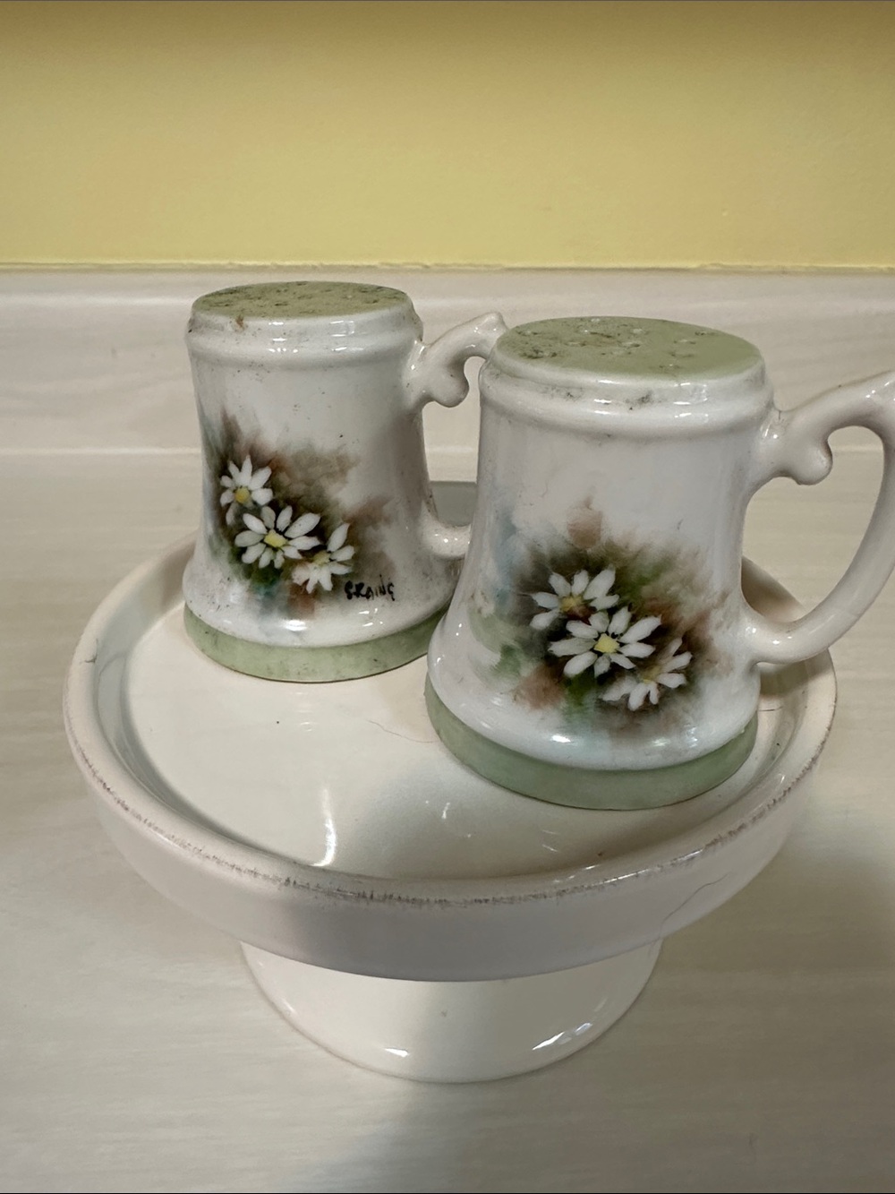 Ceramic White and Green Floral Salt and Pepper Shakers - Unbranded